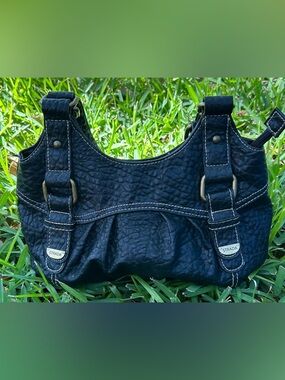 Strada Black Textured Shoulder Bag with Brass Hardware